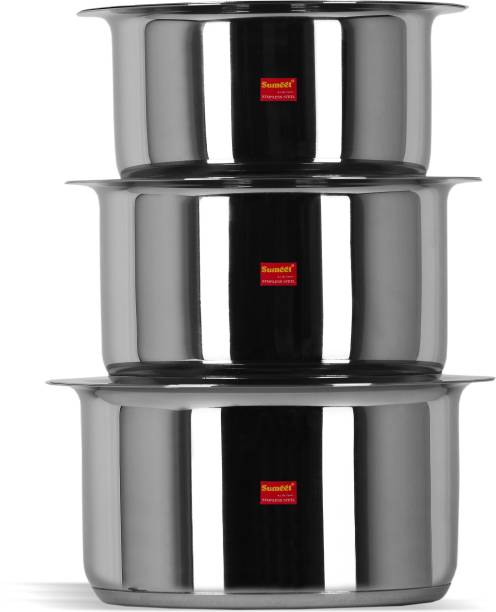 Sumeet 3 Pcs Stainless Steel Induction Bottom (Encapsulated Bottom) Induction & Gas Stove Friendly Container Set / Tope / Cookware Set With Lids Size No.10 to No.12 Tope Set with Lid 1.7 L capacity 0 cm diameter