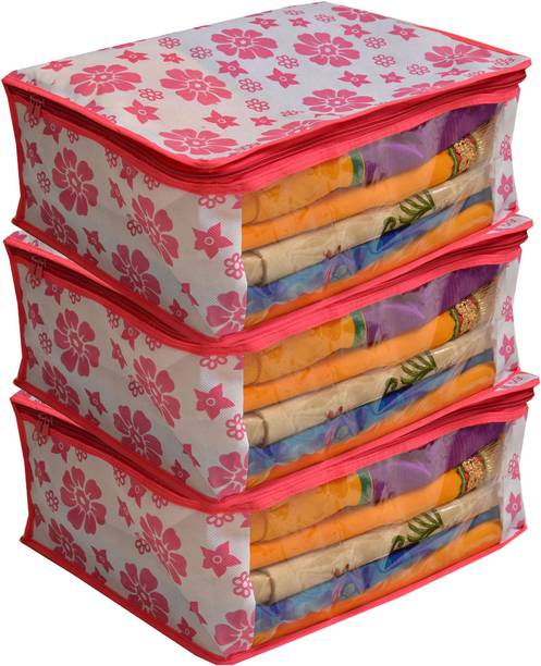 Home Storage Organization At Kuber Industries Designer Non Woven Saree Cover Pink Fl Design Set Of 3 Pcs Regular