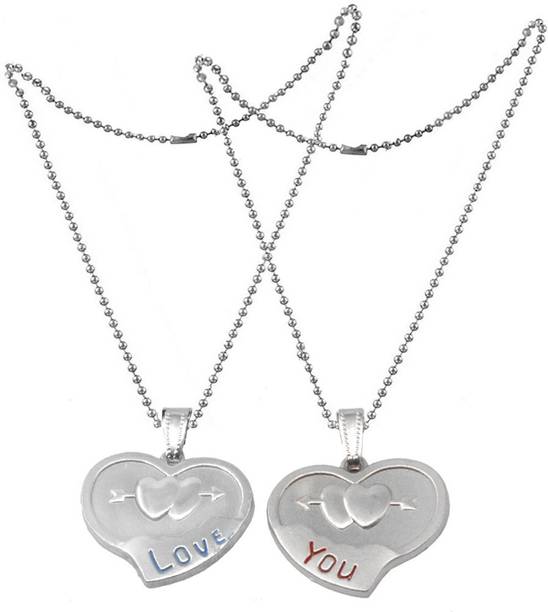 Pendants And Lockets At Best Men Style Valentine Gift Couple Double Heart Arrow Love You Locket Zinc Alloy Pendant Set