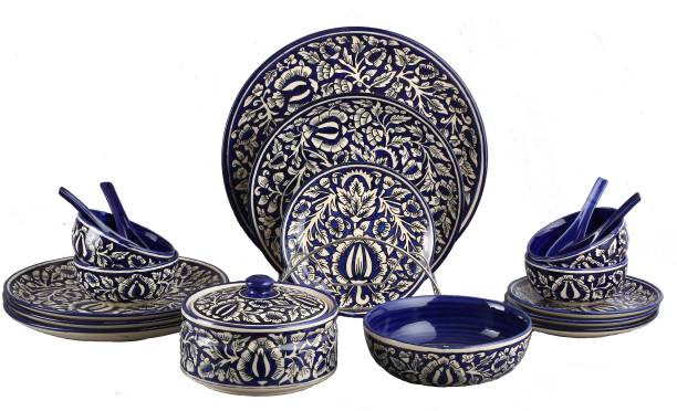 caffeine Pack of 19 Ceramic Handmade Blue Mughal Dinner Set