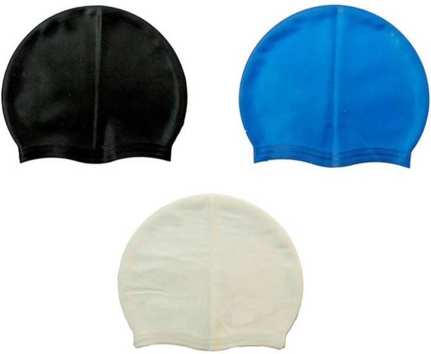 GLS Unisex Swimming Non-Slip Highly Durable Silicon Cap - Combo of 3 Black Blue & Silver Swimming Cap