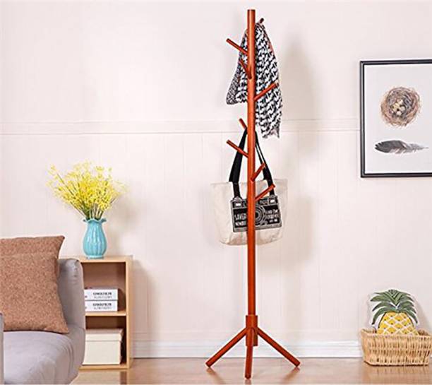 HOUSE OF QUIRK 7 Hooks Lacquered Pine Wood Tree Coat Rack Stand for Coats Solid Wood Coat and Umbrella Stand
