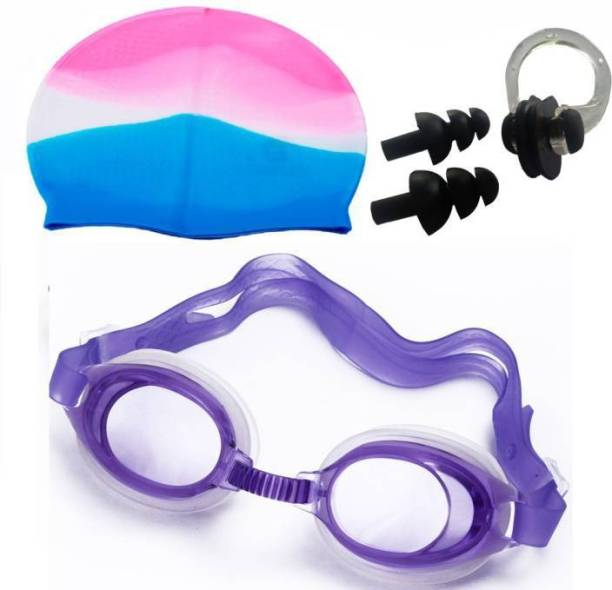 SYNDICATE Swimming Goggle + Cap + Ear Nose Plug Combo - Swim Glass Head Hair Protection Swimming Cap