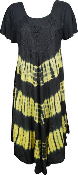 Indiatrendzs Women's A-line Black, Yellow Dress