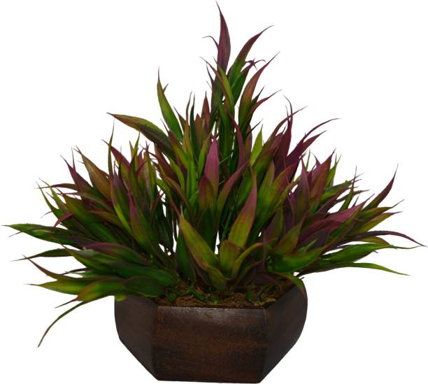 fancymart Artificial Bamboo leaves plant (size 7.5 inchs/ 20 cms) with wood Hexagun pot-1380 Wild Artificial Plant  with Pot