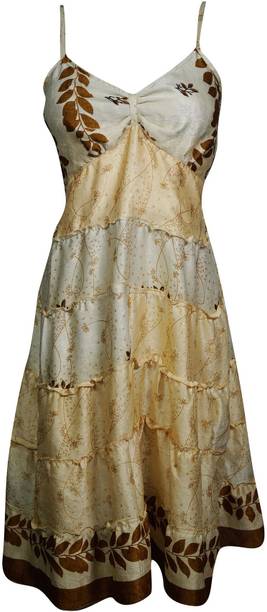 Indiatrendzs Women's Fit and Flare Beige Dress