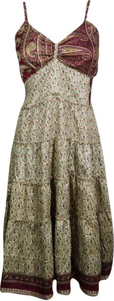 Indiatrendzs Women's Fit and Flare Beige, Maroon Dress