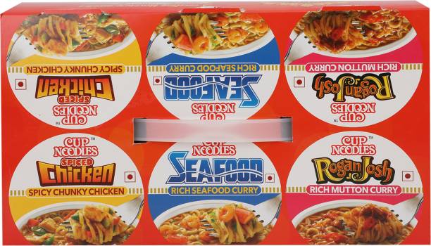Nissin Spiced Chicken, Seafood, Roganjosh Combo Cup Noodles Non-vegetarian
