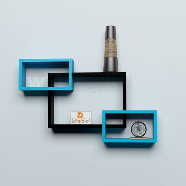 Wall Shelves At Best S In India Driftingwood Wooden Intersecting Wall Shelves For Living Room Black And Sky Blue Set Of