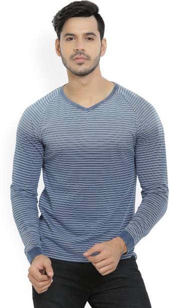 Spykar Striped Men's V-neck Blue T-Shirt