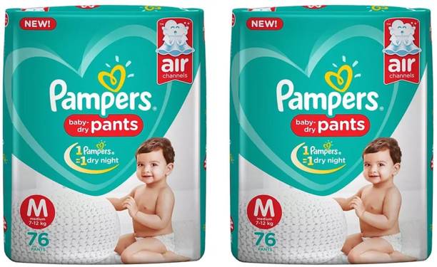 Pampers BABY PANT TYPE DIAPERS, SIZE MEDIUM, 76 PCS. PACK, SET OF 2 PACKS, FOR BABY WEIGHT 7-12 KGS. - M