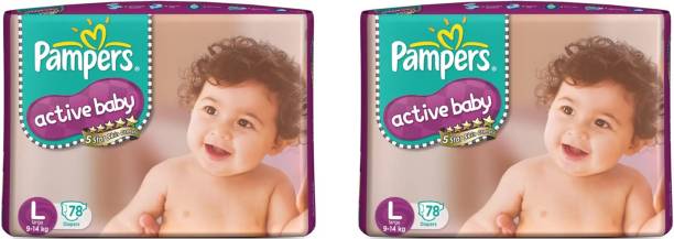 Pampers ACTIVE BABY TAPED DIAPERS, SIZE LARGE, 78 PCS. PACK, SET OF 2 PACKS, TOTAL 156 DIAPERS FOR BABY WEIGHT 9-14 KGS. - L