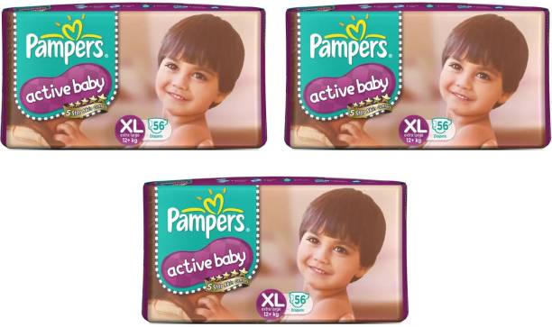 Pampers ACTIVE BABY TAPED DIAPERS, SIZE XL, 56 PCS. PACK, SET OF 3 PACKS, TOTAL 168 DIAPERS FOR BABY WEIGHT 12+ KGS. - XL