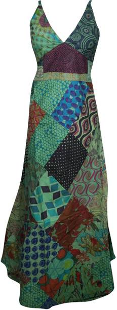 Indiatrendzs Women Maxi Brown, Green Dress