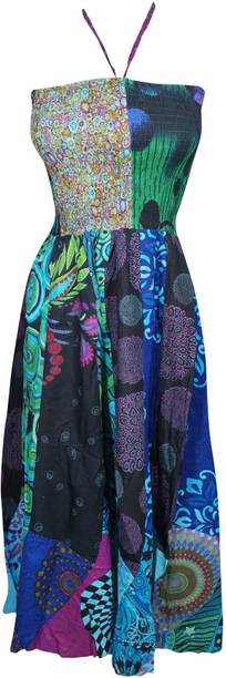 Indiatrendzs Women Fit and Flare Green, Blue Dress