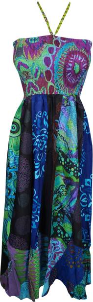 Indiatrendzs Women Fit and Flare Green, Black Dress