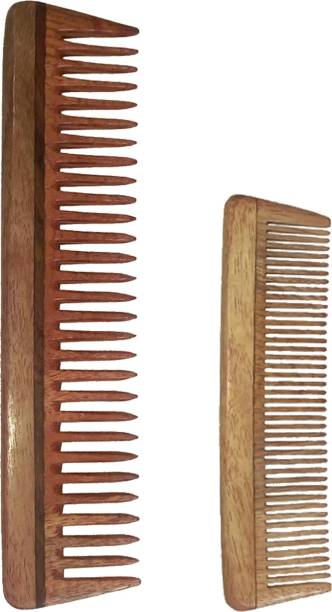Ginni Marketing Combo of 2 Neem Wood Combs (detangler:regular size-7.5" and small/baby-5" )