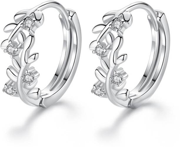 MYKI Cute Little Serling Silver Leaves Cubic Zircon Hoop Earring For Women & Girls Swarovski Zirconia