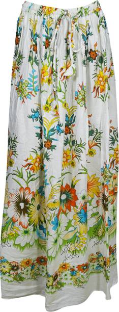 Indiatrendzs Printed Women A-line White, Green Skirt