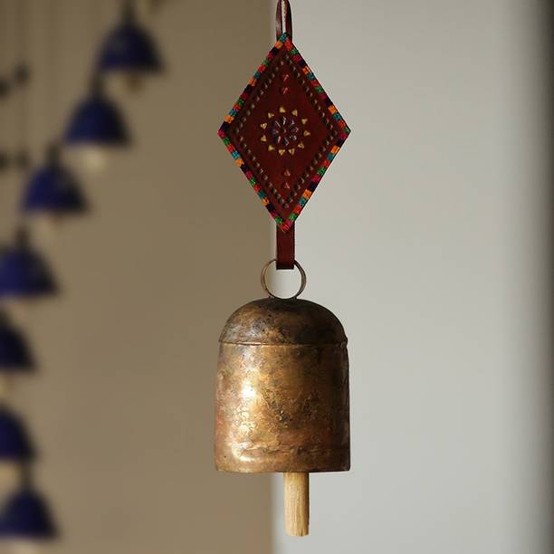 ExclusiveLane Handmade Antique Garden Decorative Metal Hanging Bell Cum Leather Strap Ghantadi Iron Windchime