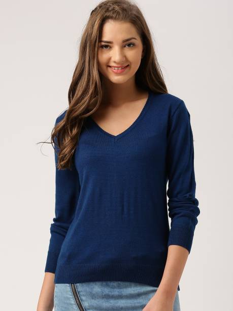 Dressberry Solid V-neck Casual Women Blue Sweater