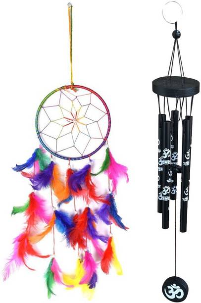 Ryme Combo Of Multi Color 6 Inches Dream Catcher And Feng Shui 5 Pipe Om Printed Black Brass Windchime