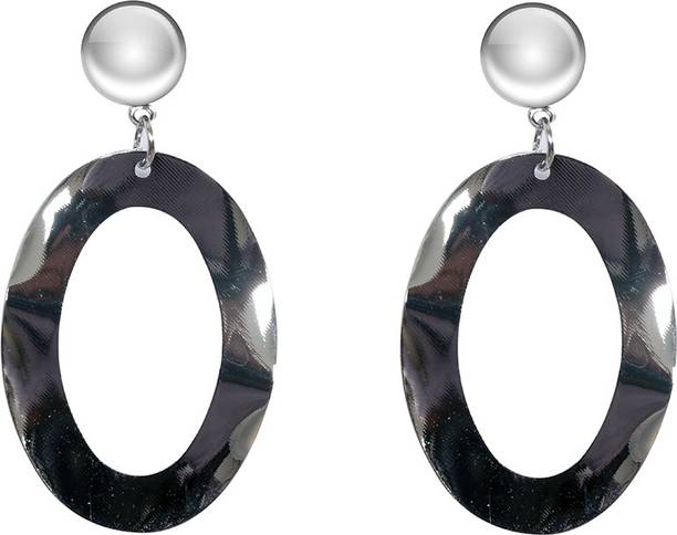 Ayesha Fashion ayesha metallic silver ball stud & faintly twisted oval hollow plate drop earrings Metal