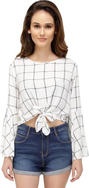 Chimpaaanzee Casual Bell Sleeve Checkered Women White Top