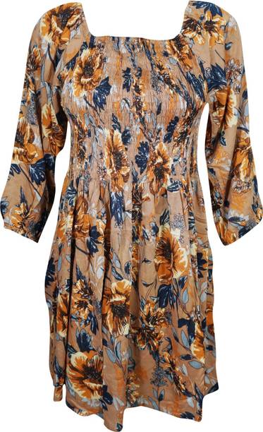 Indiatrendzs Women Gathered Beige Dress