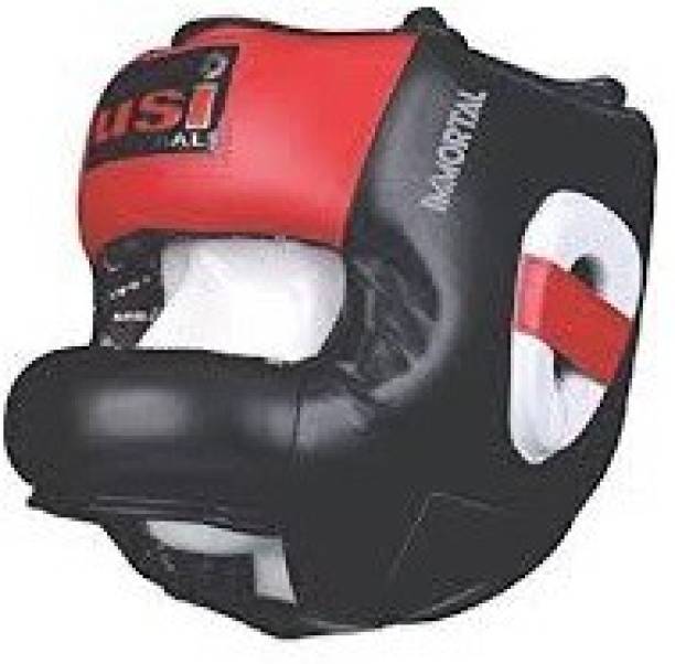 usi Universal Leather Complete Head Face Saver Protector Black Red Boxing Head Guard
