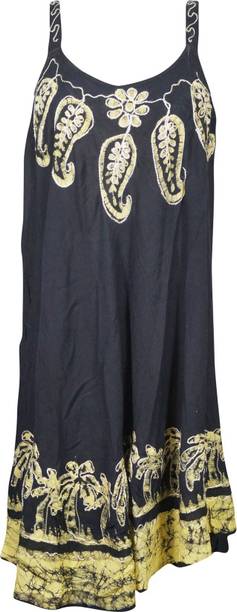Indiatrendzs Women Shift Black, Yellow Dress