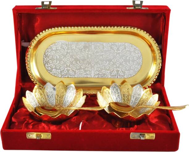 Shreeng Gold And Silver Plated Bowl Tray Set Brass Decorative Platter