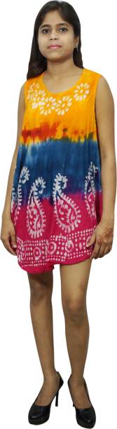 Indiatrendzs Women Fit and Flare Blue, Yellow Dress