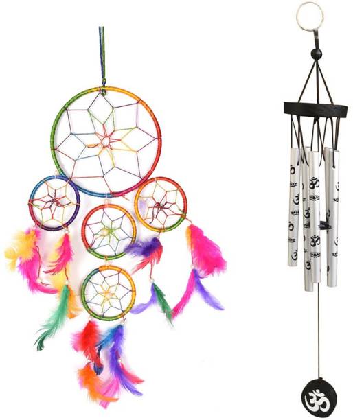 Ryme Combo of Multi Dream Catcher and Om Printed Silver 5 Pipe Wind Chime Cotton, Brass Dream Catcher