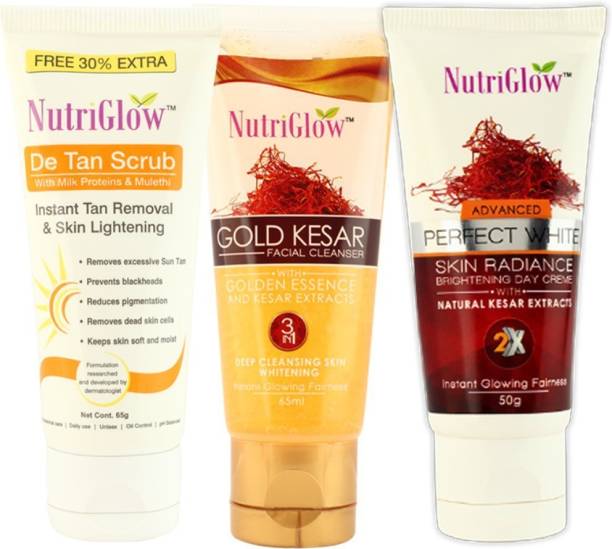 NutriGlow Gold Kesar Cleanser (65 ml), De Tan Scrub (65 g) and Skin Radian Day Crème (50 g)