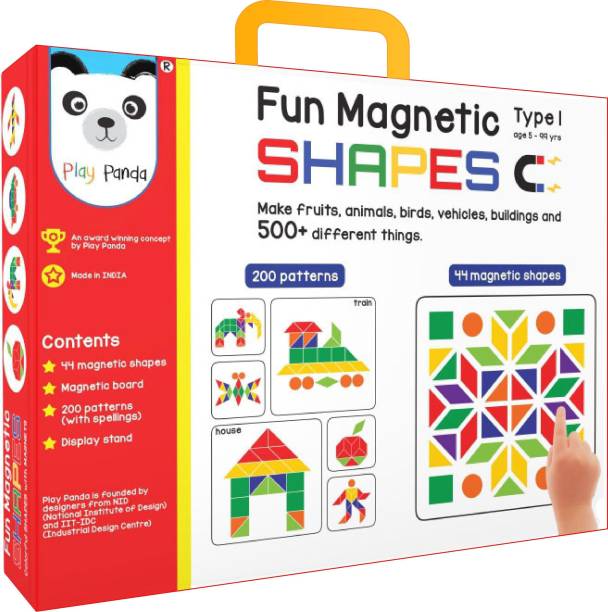 PLAY PANDA Fun Magnetic Shapes (Junior) : Type 1 with 44 Magnetic Shapes, 200 Pattern Book, Magnetic Board and Display Stand Educational Board Games Board Game