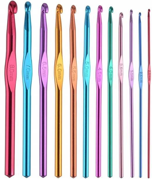 Xeekart Set of 12pcs Multicolor Aluminium Crochet Hook Knitting Needle Set For Sewing Craft Yarn Sweater Woolen Cloth (Size from 2.0mm to 8.0mm)