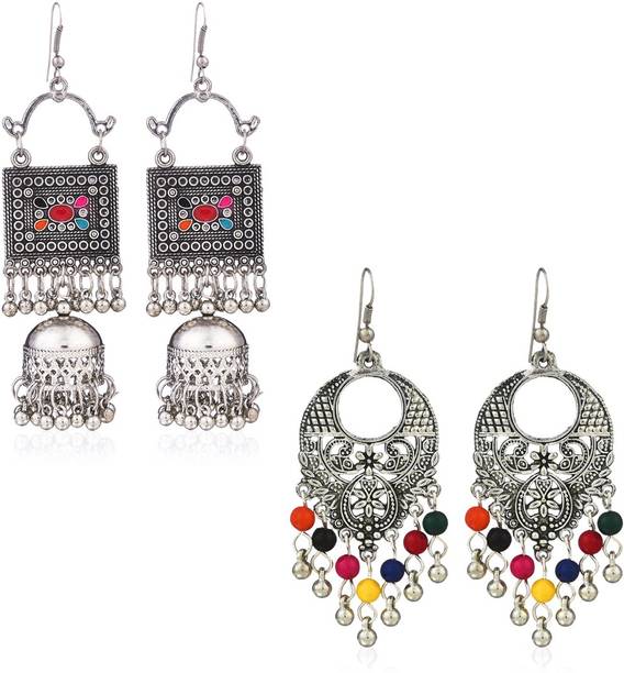 Silver Earrings Online Stud Yellow Chimes Oxidized Silver Combo 2 Pairs Stylish Chandbali Jhumki Traditional Earrings Alloy Earring