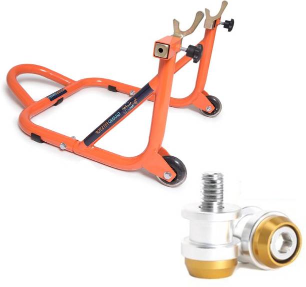 GrandPitstop Rear Paddock Stand with Swing Arm Slider Spool Bobbin M10 (Black and Orange) Combo