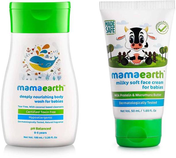 MamaEarth Deeply Nourishing Body Wash + Milky Soft Natural Baby Face Cream for Babies