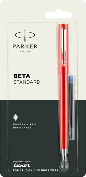 PARKER Beta Standard Chrome Trim Flame Red Body Color +1 Ink Cartridge Free Fountain Pen