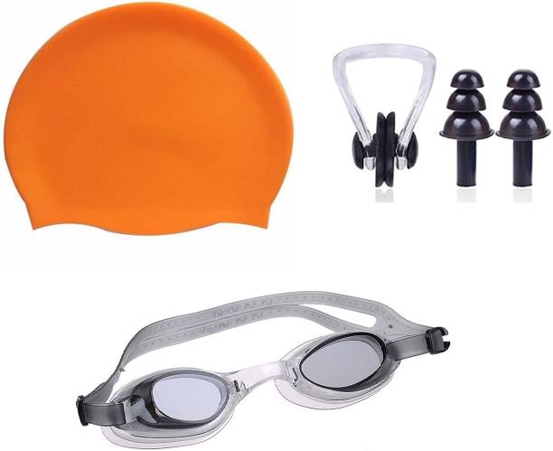 THE MORNING PLAY ™ HIGH Quality Goggles Silicone Cap 1 Nose Clip + 2 Ear Plugs ORANGE Swimming Kit