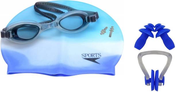 THE MORNING PLAY ™ HIGH Quality Goggles Silicone Cap 1 Nose Clip + 2 Ear Plugs BLUE-WHITE Swimming Kit