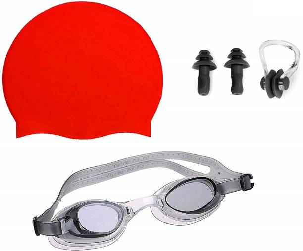 THE MORNING PLAY HIGH Quality Goggles Silicone Cap 1 Nose Clip + 2 Ear Plugs RED Swimming Kit