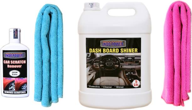 INDOPOWER CC41 DASHBOARD SHINER 5ltr + 2PC CAR MICROFIBER CLOTH ( PINK + SKY BLUE )+ scratch remover 100gm. Vehicle Interior Cleaner