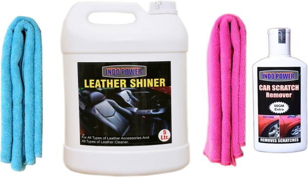 INDOPOWER CC121 LEATHER SHINER 5ltr+ 2PC CAR MICROFIBER CLOTH (SKY BLUE + PINK)+ Scratch Remover 200gm. Vehicle Interior Cleaner
