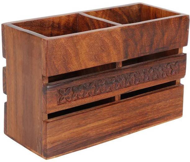 WoodCart 2 Compartments Wooden Handmade Wooden Cutlery Stand/Multi-Holder / Organizer for Dining Table & Kitchen with Carving Works Rosewood Square