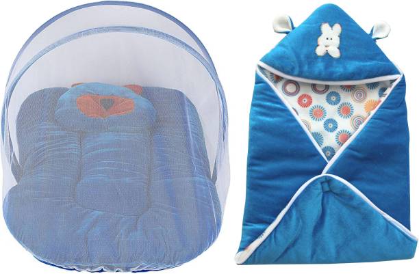 My New Born Luxury baby bedding set with protective mosquito net and pillow and 1 new born baby sleeping bag/wrap