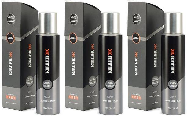 KILLER WAVE All-Day Long Lasting Freshness Fragrance 125G/150ml, Combo Pack 3 Pcs. Liquid Deodorant Spray  -  For Men