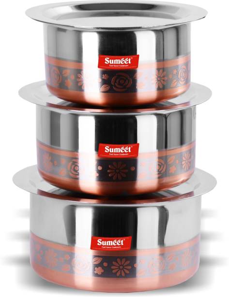 Sumeet Stainless Steel Designer Copper Bottom 3 pc Container Set / Tope / Cookware Set With Lids (Capacity -1.85 Ltr, 2.2Ltr, 2.8 Ltr) Pot 22.5 cm diameter 2.8 L capacity with Lid